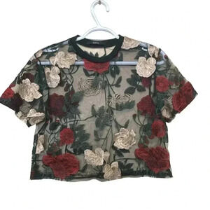 Zaful  Sheer Cropped Shirt with Embroidered Roses and Greenery 100% cotton